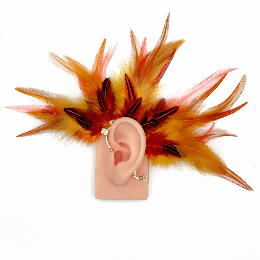 Vibrant Feather Ear Cuff - yellow & orange, left ear